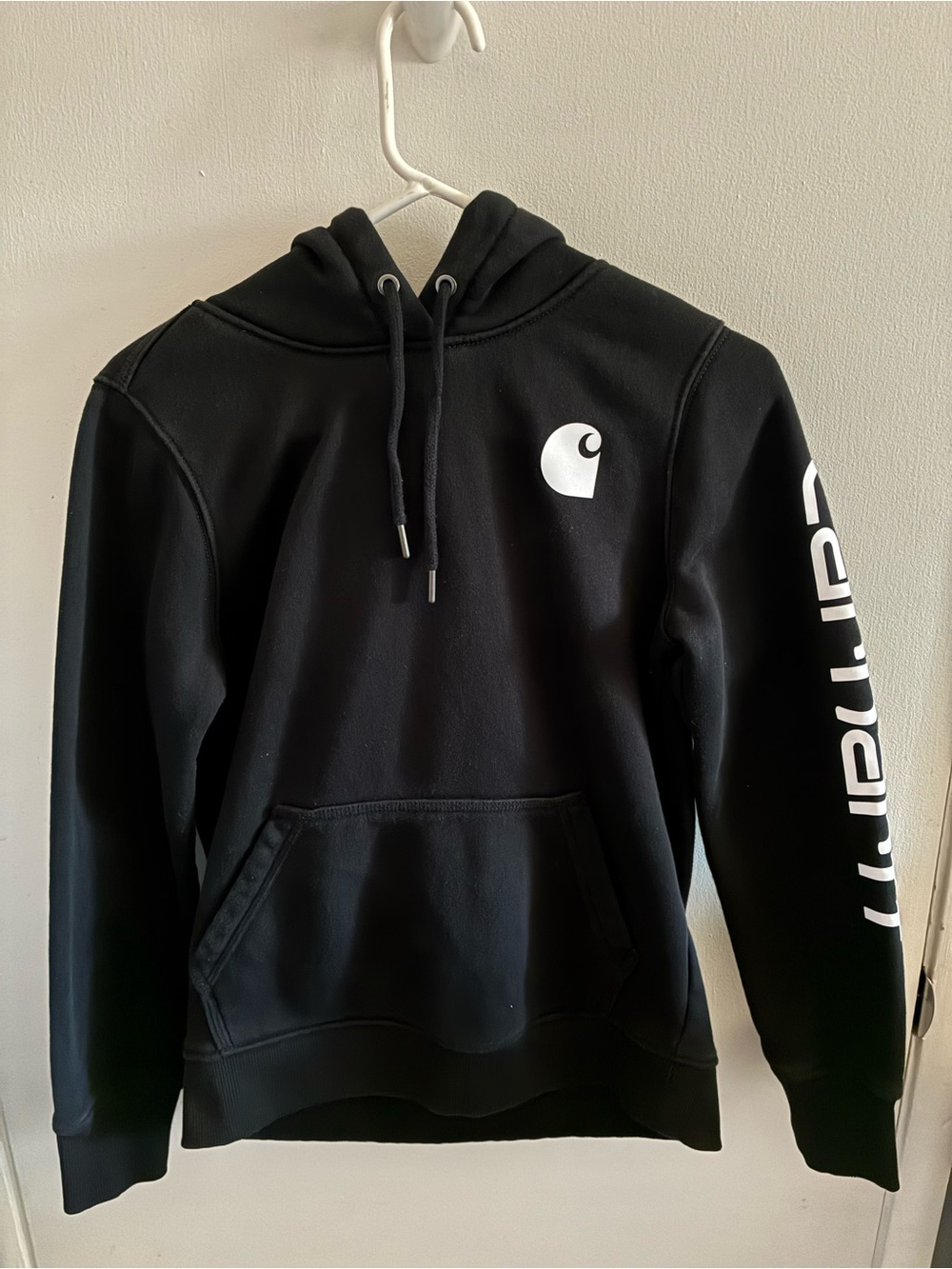 Carhartt Black Pullover Hoodie with White Logo Sleeve Graphic